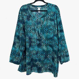 Catherine's Teal Patterned Blouse Pleated Notched Neck Long Sleeve 4X 30/32W